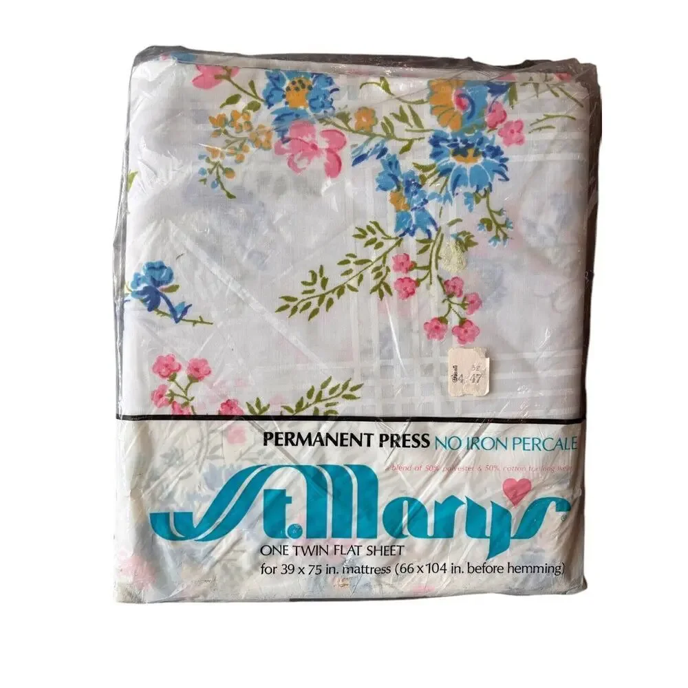 VINTAGE St Marys FLORAL Harvest TWIN SHEET FLAT NO IRON Permanent Press Percale